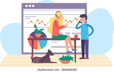 Personas trabajando y analizando estadísticas financieras. Análisis de negocio. Los comerciantes estudian la información sobre las métricas en segundo plano. Los colegas se comunican durante el receso. Trabajo de oficina mental