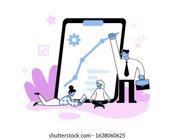People working around big screen with economic data. Business analysis and planning, increase profits, business growth. Business concept flat vector illustration, isolated on white background.