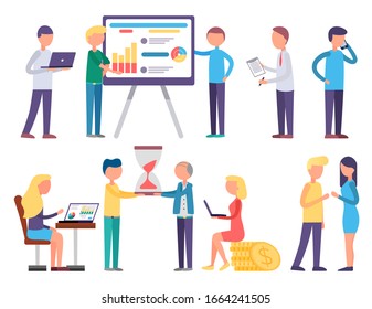 People working in big company at office. Men and women talking about project strategy. Presentation of business analytics and statistics charts on board. Vector illustration of meeting in flat style