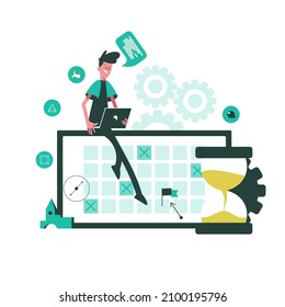 Menschen, die mit Big Data arbeiten, Geschäftsprozesse analysieren und prüfen. Online-Kommunikation, Analyse, Management und Multitasking. Vektorgrafik.