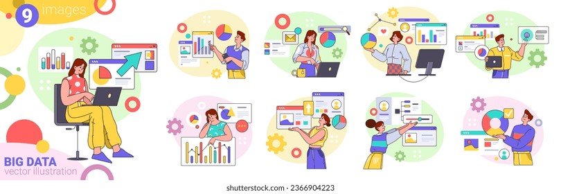 People working with big data, vector illustration flat cartoon set. Vector man and woman online communication, analytics. Analyzing and auditing business processes, management and multitasking