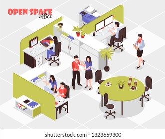 People working in big open spare office in advertising agency 3d isometric vector illustration