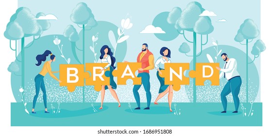 Personas que trabajan en la creación y desarrollo de marcas. Hombre y mujer conectando piezas de jigsita con letras mayúsculas. Promoción de marca y promoción. Identidad corporativa. Trabajo en equipo y comunicación. Ilustración vectorial