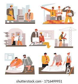 People working in building industry. Collection of engineers and builders with instruments. Set of architects working on schemes and drafts, planning construction in offices. Vector in flat style