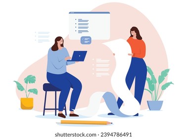 People working with business documents, list and bullet points. Two businesspeople doing text work and reading notes. Flat design vector illustration with white background