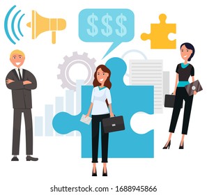 Personas que trabajan en vectores de negocios, hombres y mujeres que usan ropas formales sonriendo personajes. Signo de moneda de puzzle y dólar, megáfono para la administración de tareas