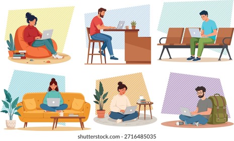 People working casually in various places