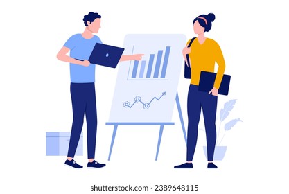 People working with chart - Man and woman with computers looking at business result diagram on flip chart. Flat design vector illustration with white background