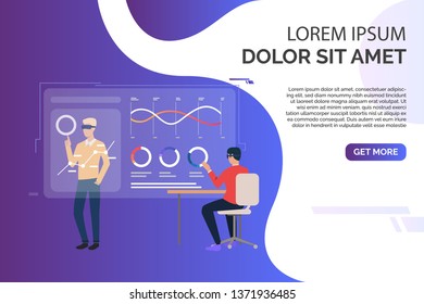 People working with charts on virtual screens and sample text. Future, VR, cyberspace concept. Presentation slide template. Vector illustration for topics like business, technology, virtual reality