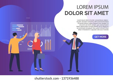 People working with charts in virtual interface and sample text. Technology, VR, cyberspace concept. Presentation slide template. Vector illustration for topics like business, finance, virtual reality