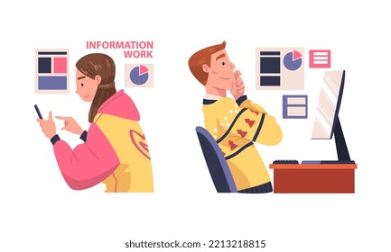 People working and chatting online set. Communication, distant work or learning concept cartoon vector illustration