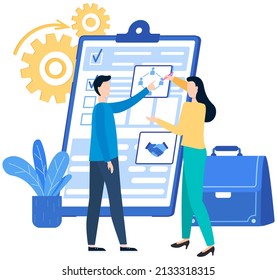 People working with checklist with results of survey, information report with data. Colleagues discuss action business plan on paper sheet. Businesspeople analysing document, contract on clipboard