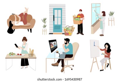 People is working, cleaning,cooking at home.Woman and man at home in quarantine