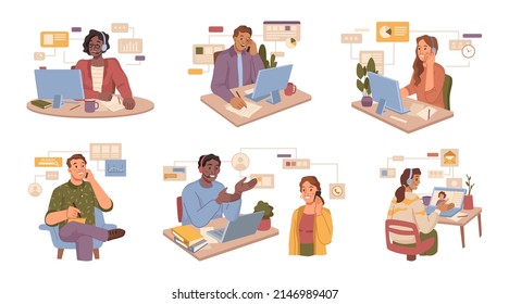 People working with clients and customers communicate over phone isolated flat cartoon characters at work set. Vector workers with laptops and computers, video conference or meeting with team