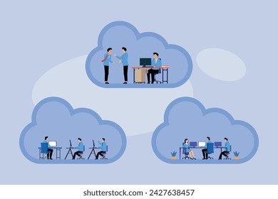 People working in cloud office rooms collaboration vector illustration
