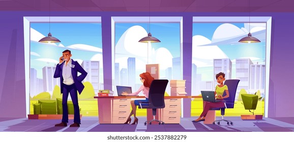 People working in company office. Vector cartoon illustration of male boss talking on phone, female managers working on laptops, sitting at desks with documents, modern summer cityscape view in window