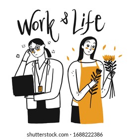 People are working. Comparison between working in the office and living freely, Hand drawn, Vector Illustration doodle style.