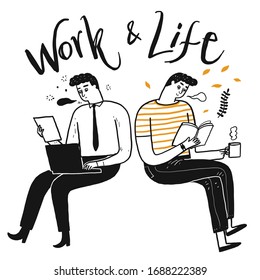 People Are Working. Comparison Between Working In The Office And Living Freely, Hand Drawn, Vector Illustration Doodle Style.