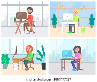 Personas trabajando con computadoras, trabajo de negocios. Empleados hombres y mujeres que utilizan pc, sentados en mesa con documentos, vectores de oficina y dispositivos inalámbricos