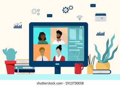 People working at a computer hold a video conference, at home, in offices, freelance work anywhere in the world. Vector illustration