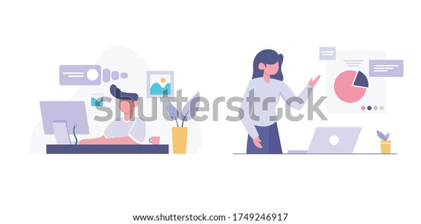 People Working Computer Presentation Report Landing Stock Vector ...