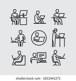 People Working With Computer Vector Line Icons