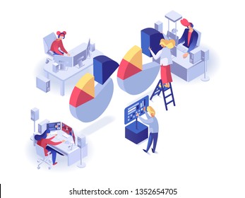 People working at computers around pie chart isometric vector illustration. Workers sitting in the workplace analyze statistics