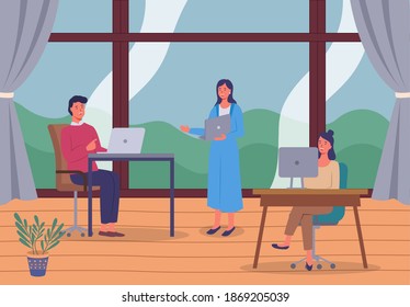 People working with computers in office, colleagues communicating with each other. Man and woman sitting at tables. Pretty woman holding laptop, talking with guy. Stylish office with panoramic windows