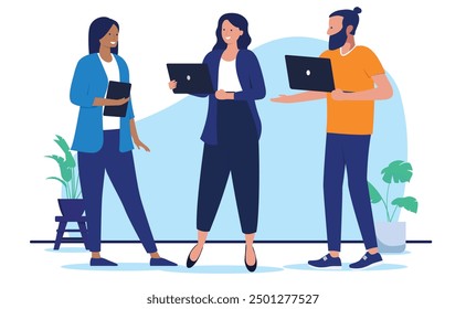 People working with computers - Team of three businesspeople, diverse man and women holding laptop talking and having dialogue together smiling. Flat design vector illustration with white background