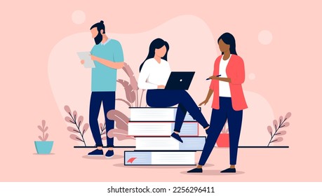 People working and concentrate in office - Team of three doing research, learning and getting insights for project and business. Flat design vector illustration