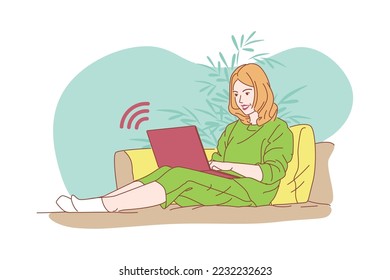 
people working Conducting online meetings with his team via video call concept of working from home and anywhere. Technology makes life more comfortable. in flat design