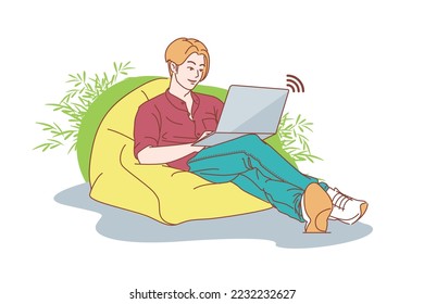 
people working Conducting online meetings with his team via video call concept of working from home and anywhere. Technology makes life more comfortable. in flat design