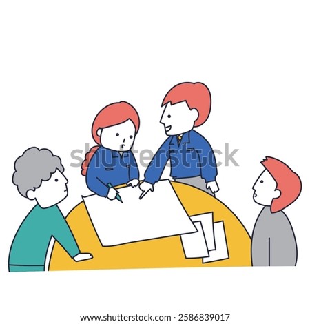 People working at a construction company checking and adjusting work details and schedules in a meeting