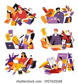 People working as copywriters composing articles and thinking on new topics. Males and females doing copywriting. Characters with gadgets, books and notebooks for writing. Vector in flat style