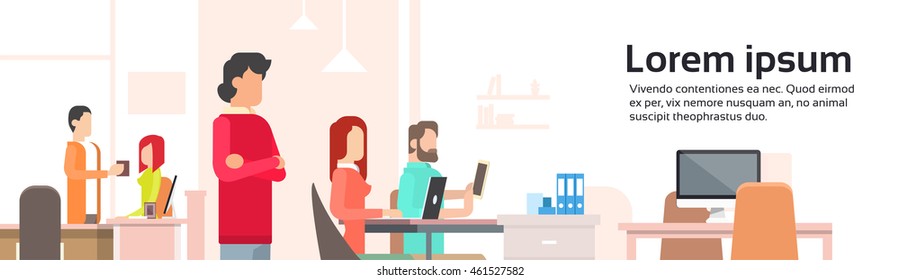 People Working Coworking Center Open Office Space Banner Flat Vector Illustration