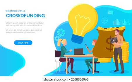 People working with crowdfunding and investment into idea. Crowd funding for business startup concept. Raising capital, earning, accumulating wealth, metaphor. Colleagues make money, gold coins