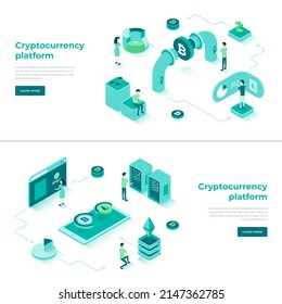 Menschen, die an der Kryptowährungsplattform arbeiten und digitale Daten analysieren virtuelle Blockchain-Verbindung Web-Banner setzen isometrische Vektorgrafik. Bitcoin-Bergbaulandungsseite mit Platz für Text
