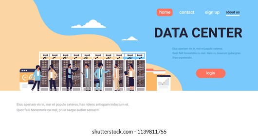 people working data center room hosting server computer monitoring information database graph diagram analysis flat horizontal copy space vector illustration