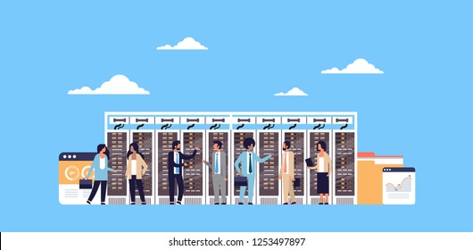 people working data center room hosting server computer monitoring information database graph diagram analysis flat horizontal