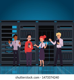 People working data center room or computer hosting server monitoring information horizontal banner or template flat vector illustration. Internet technology business.