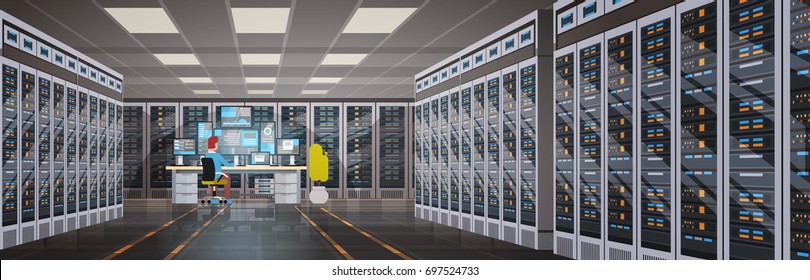 People Working In Data Center Room Hosting Server Computer Monitoring Information Database Flat Vector Illustration