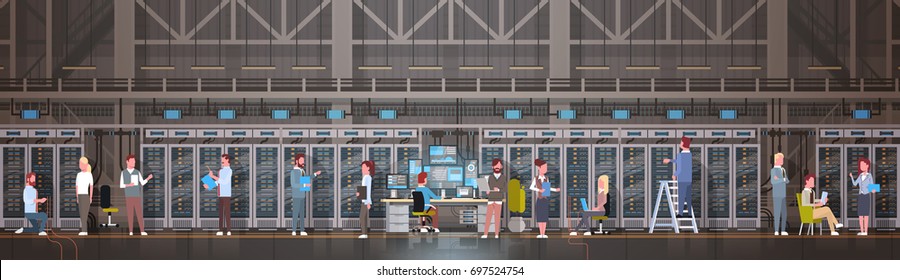 People Working In Data Center Room Hosting Server Computer Monitoring Information Database Flat Vector Illustration