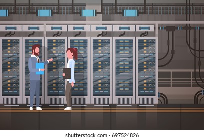 People Working In Data Center Room Hosting Server Computer Monitoring Information Database Flat Vector Illustration