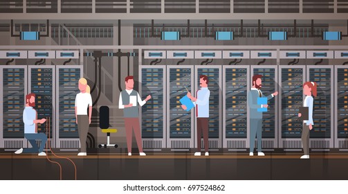 People Working In Data Center Room Hosting Server Computer Monitoring Information Database Flat Vector Illustration
