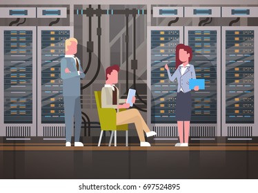 People Working In Data Center Room Hosting Server Computer Monitoring Information Database Flat Vector Illustration