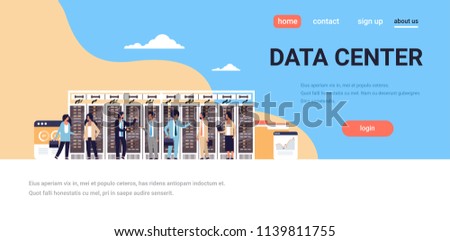 people working data center room hosting server computer monitoring information database graph diagram analysis flat horizontal copy space vector illustration