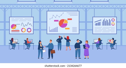 People working in data control center flat vector illustration. Men and women analyzing statistics, diagrams, providing computer and software security. Cybersecurity department concept