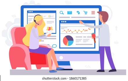 People are working with data and economic statistics. Woman and man stand near the chair and large screen. Boy and girl discuss statistics. Screen with graphs and data charts in the background