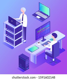 People working in database center vector, isolated man sitting by laptop with charts. Research analysis. Blocks and modern technology of datacenter, personal computer. Illustration in isometric 3d