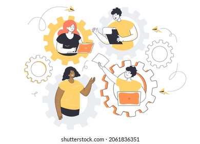 People working in dedicated team of strong professionals. Joint efforts, effective teamwork of characters inside gears flat vector illustration. IT business model, workflow optimization concept